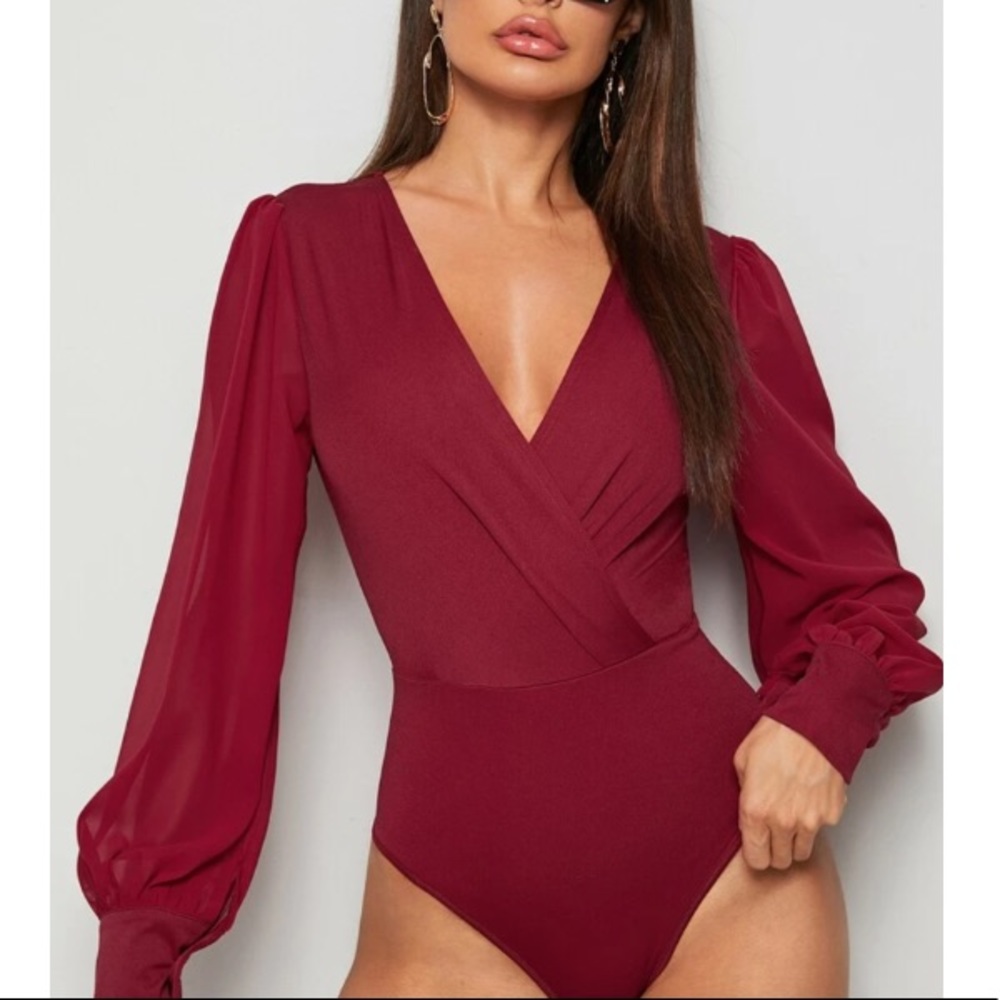 Burgundy long sleeve v neck bodysuit